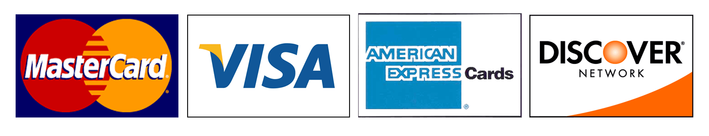 Logos for Mastercard, Visa, American Express, and Discover credit cards.