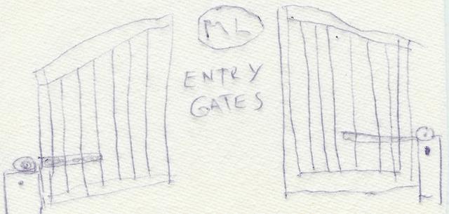 Sketch of open entry gates with vertical bars, hand-drawn on paper. Text: 