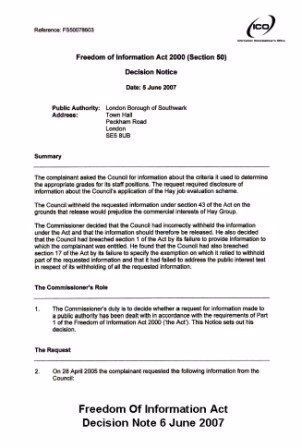 Freedom of Information Act DecisionNote 6 June 2007