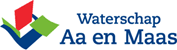 Het logo van Waterschap Aa en Maas met blauwe tekst en een rood, groen en blauw geometrisch symbool.