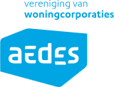 Aedes-logo met blauwe schildvorm en witte tekst, met daarboven kleine lichtblauwe Nederlandse woorden 