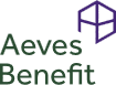 Aees Benefit-logo met groene tekst en een paars geometrisch icoon.
