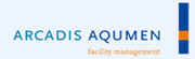 Arcadis Aqumen-logo met blauwe tekst en oranje-blauwe verticale strepen op een witte achtergrond.