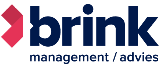Het logo van Brink Management met donkerblauwe tekst en een rood geometrisch pictogram op een witte achtergrond.