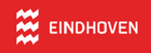 Het logo van de stad Eindhoven in wit op een rode achtergrond.