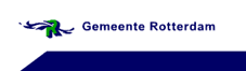 Logo van de gemeente Rotterdam met blauw en groen embleem op een witte achtergrond.