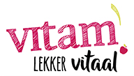 Vital logo with pink “vitam” text, black “LEKKER vitaal,” and a yellow leaf accent.