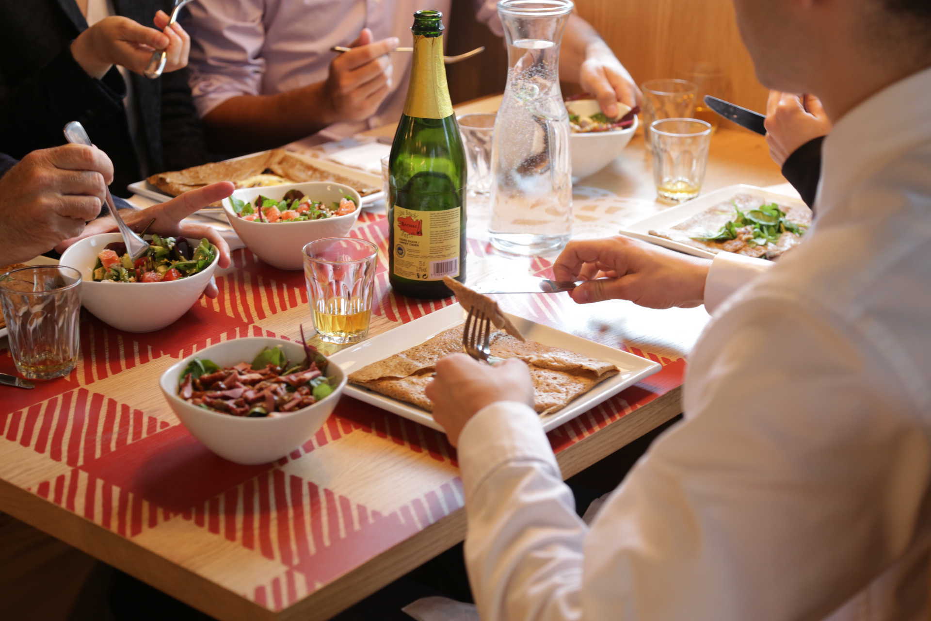 friends eating together, sit down meal, restaurant meal, La Petite Bretagne, French Crepe, Pancake, good food, tasty food, restaurant, hammersmith, crepe on a plate, desert, pudding, half eaten meal, square plate, Strawberries and cream, galette, savory pancake, savory crepe, eating,