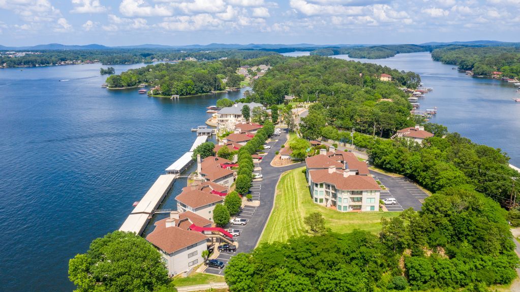 An aerial view of a small island in the middle of a lake surrounded by trees.