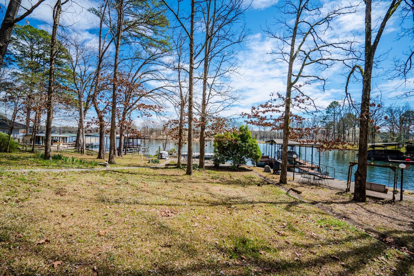 A park with trees and a body of water in the background.