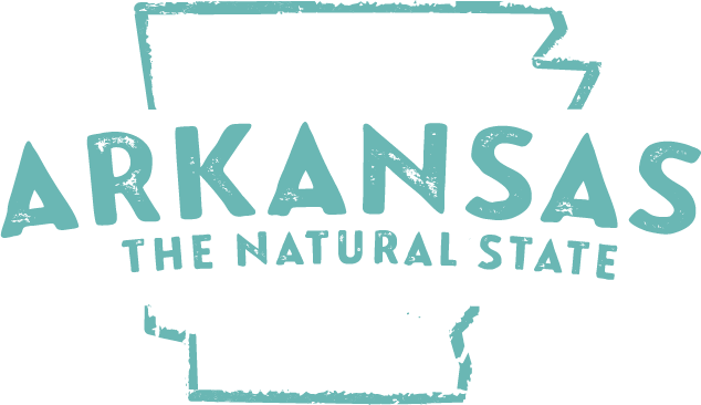 The logo for arkansas the natural state is blue and white.