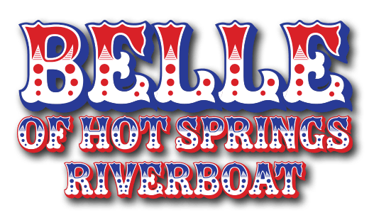 A red white and blue logo for belle of hot springs riverboat