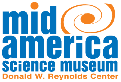 A blue and orange logo for the mid america science museum