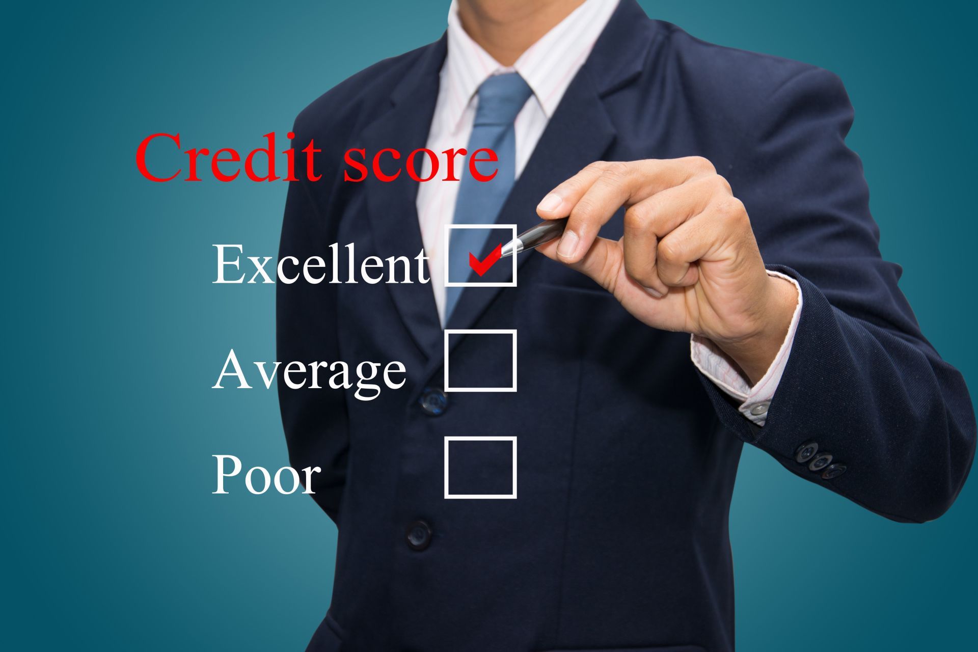 A man in a suit and tie is using a marker to check his credit score.
