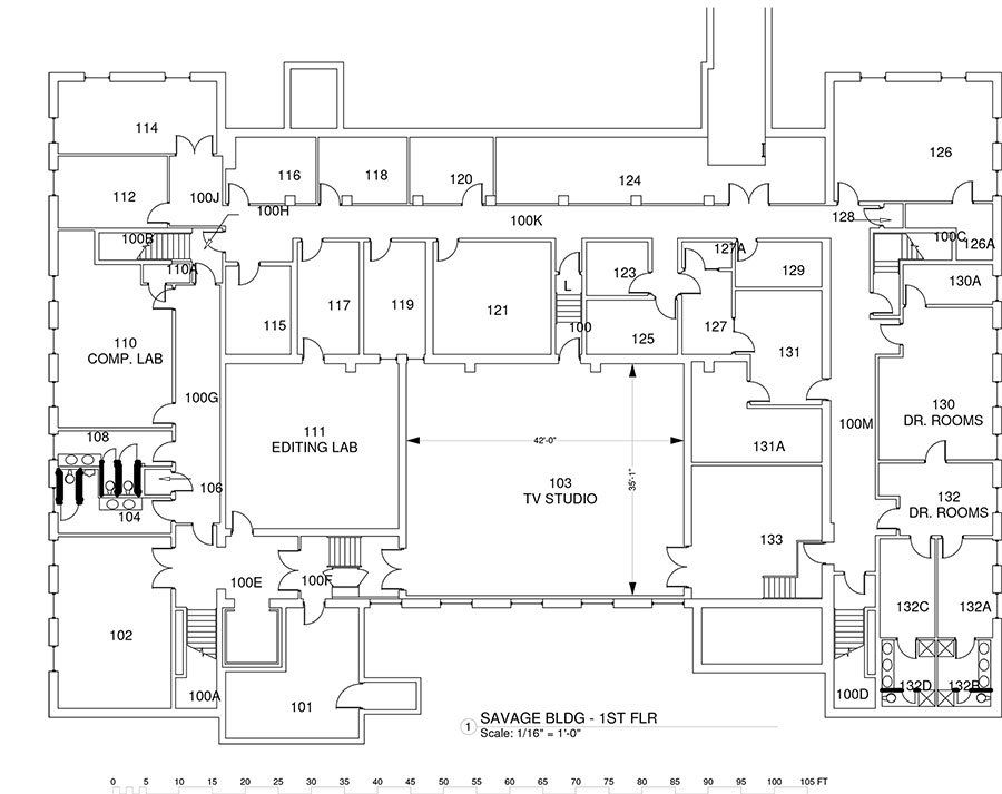 A black and white floor plan of a large building.