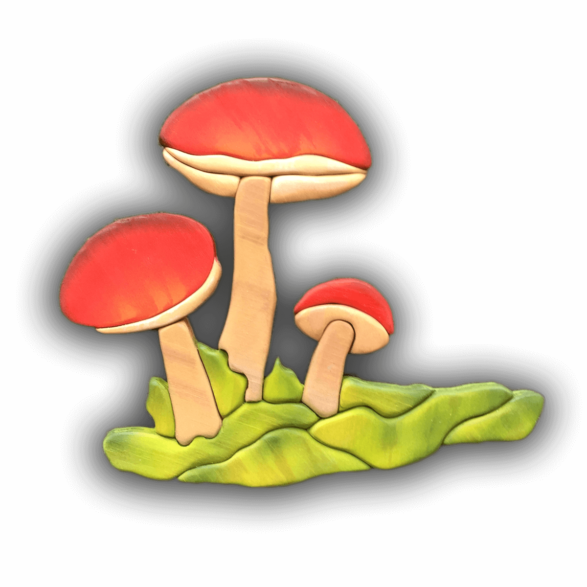 A custom Intarsia Art piece by Nick Vidakovic of three mushrooms growing on a green leaf