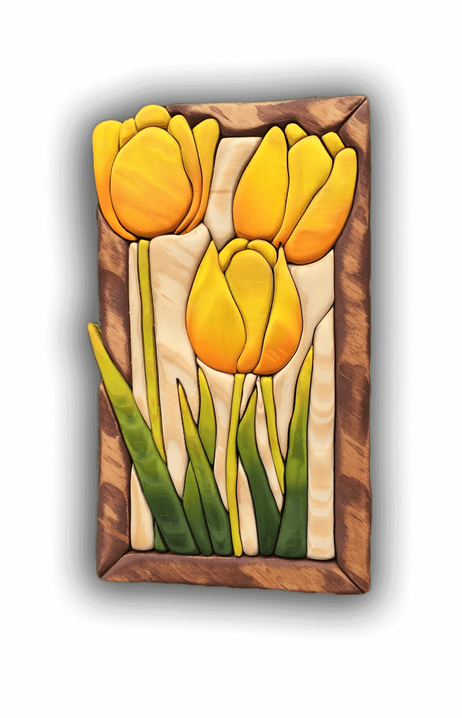 A custom Intarsia Art piece by Nick Vidakovic of three yellow tulips