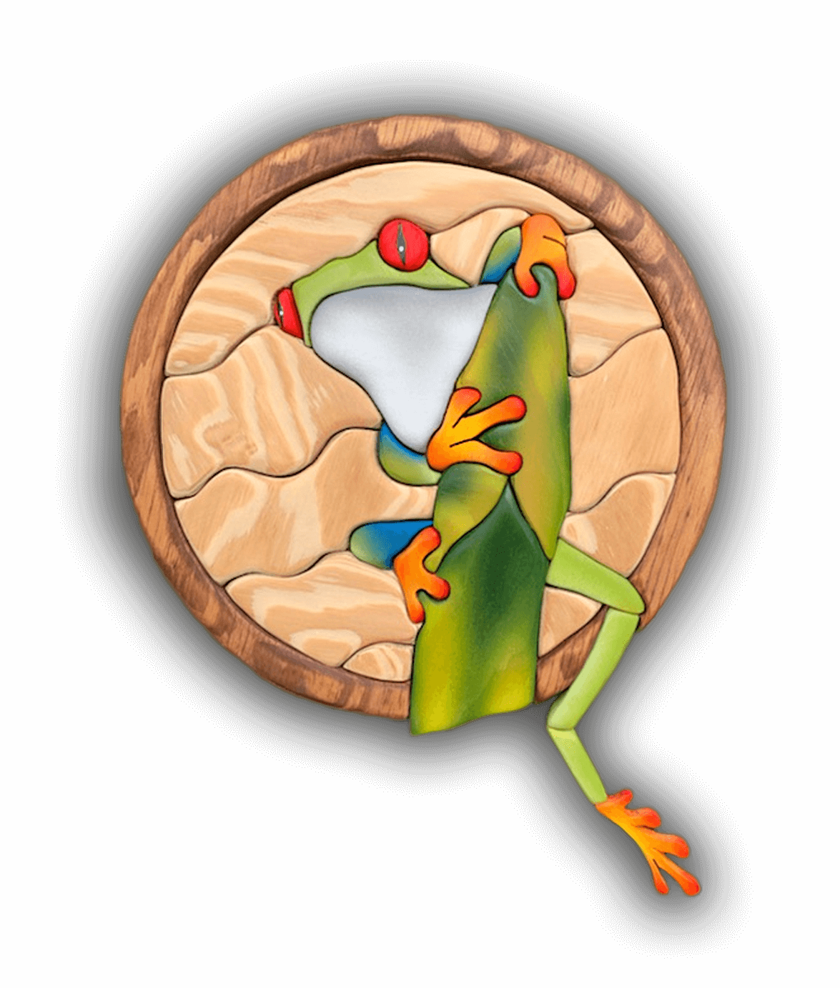 A custom Intarsia Art piece by Nick Vidakovic of a frog 