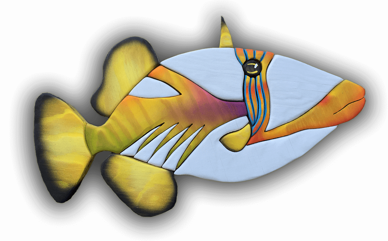 A custom Intarsia Art piece by Nick Vidakovic of a colorful fish