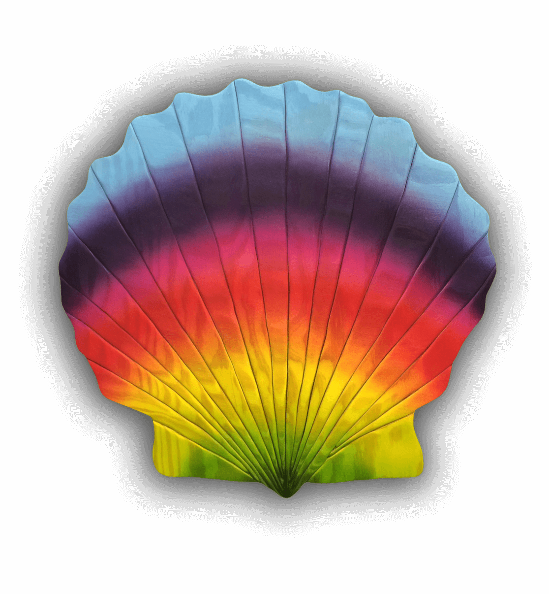 A custom Intarsia Art piece by Nick Vidakovic of a colorful sea shell