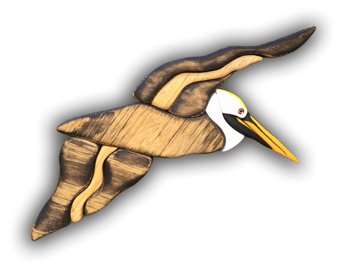A custom Intarsia Art piece by Nick Vidakovic of a pelican