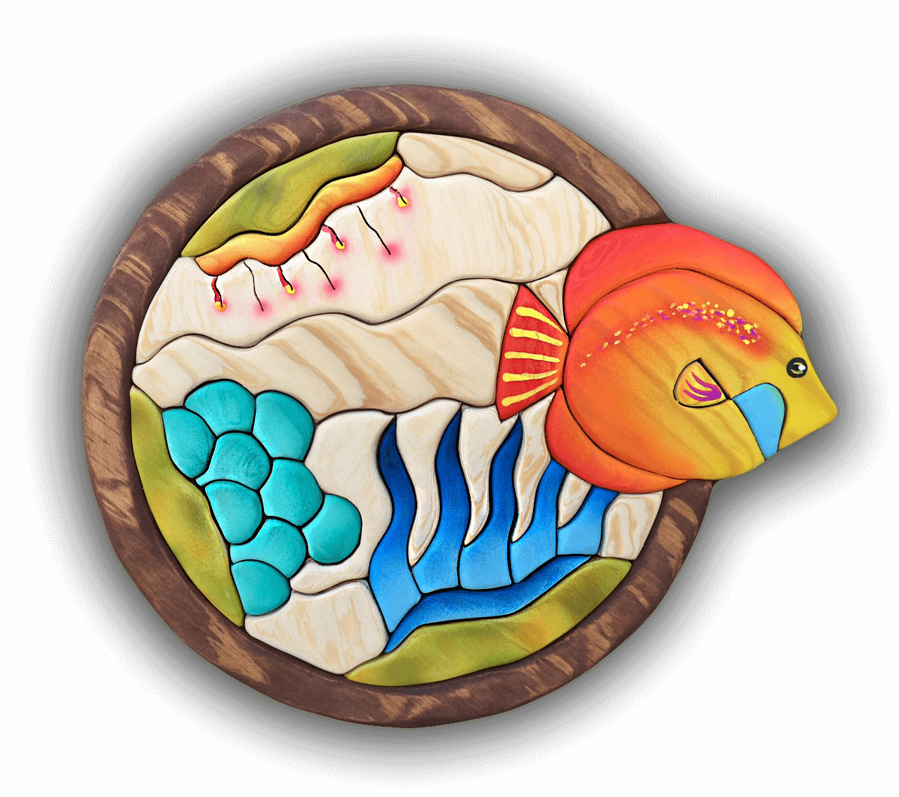 A custom Intarsia Art piece by Nick Vidakovic of an ocean scene