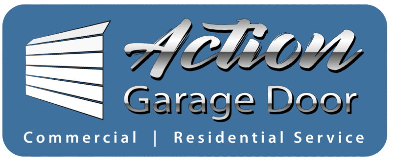 Logo for Action Garage Door, blue background, with garage door graphic and text