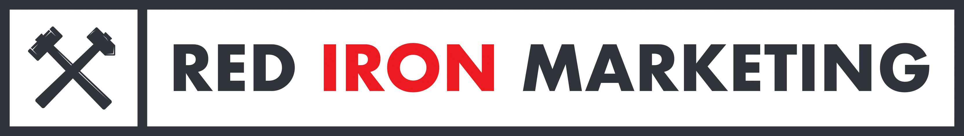 A logo for red iron marketing with a red x in the middle