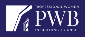 Logo for Professional Women in Building Council, white text on a dark blue background. Includes an architectural graphic.
