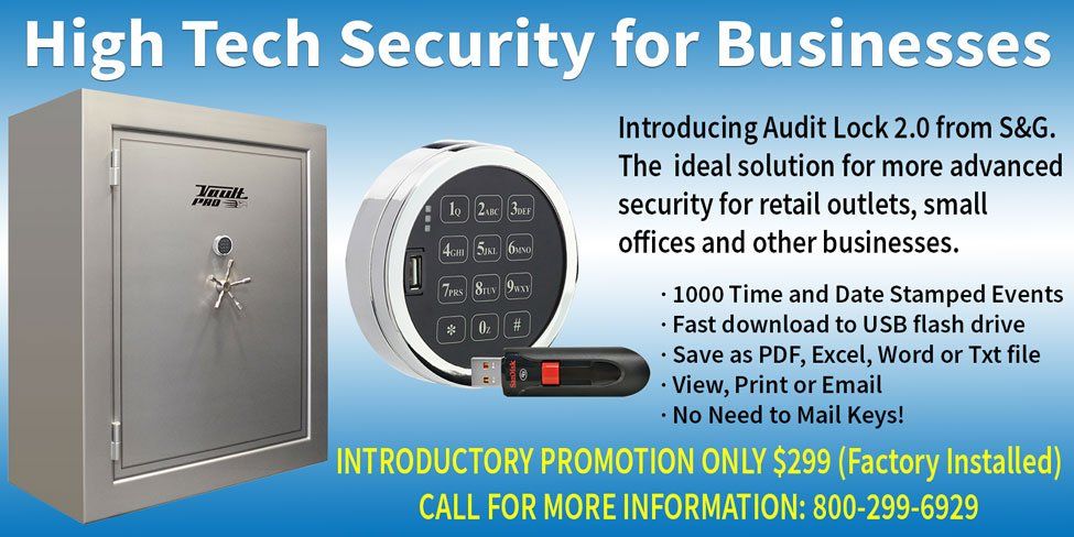High-tech business security ad with safe, keypad lock, and USB drive, promoting retail theft protection