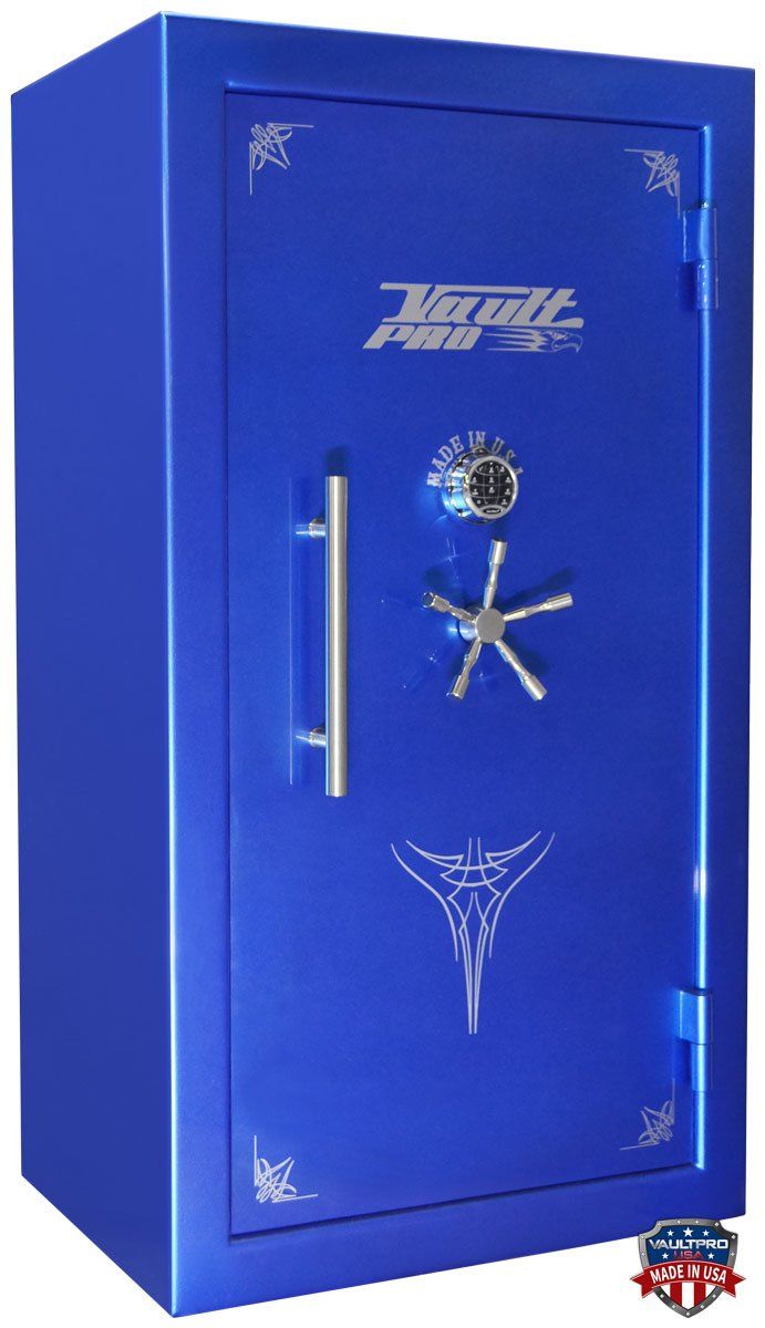 A blue safe with the word vault on it