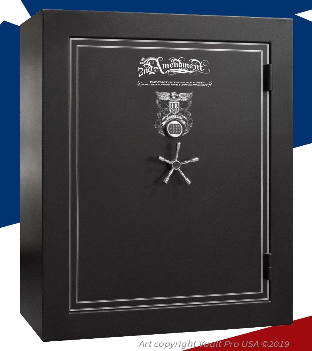 Black floor safe with chrome handle and trim on a blue-and-white background