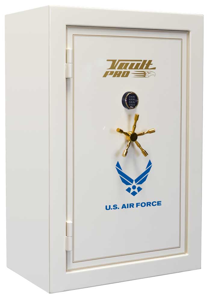White wall safe with gold handle and U.S. Air Force emblem on the door, shown front view