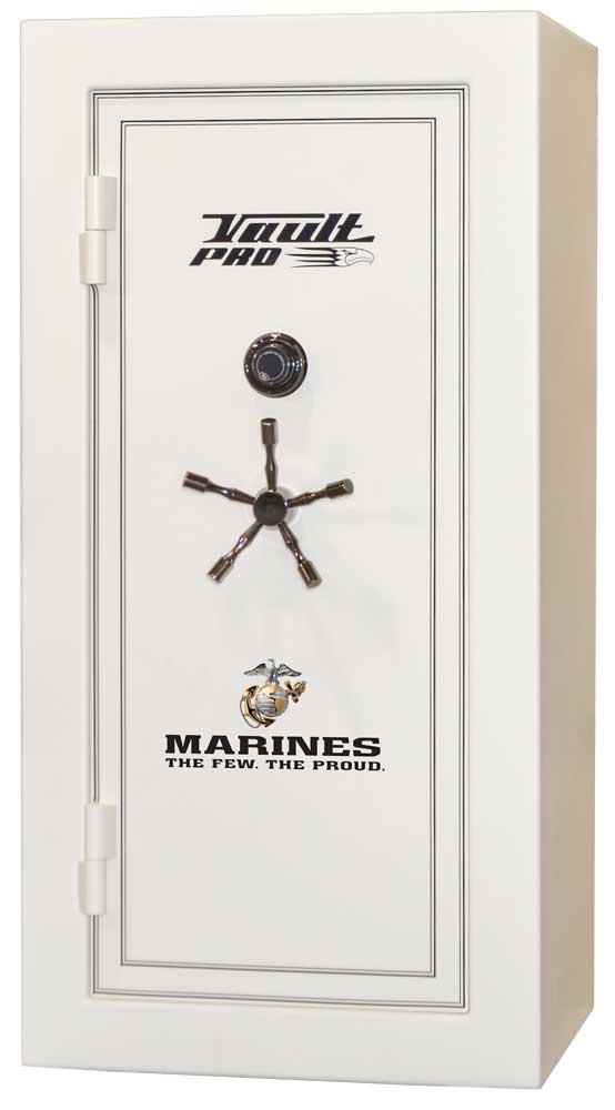 White security safe with handle and “Marines” logo on the door.