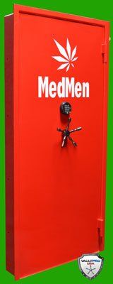 Red MedMen door with white logo and black lock, shown closed against a bright green background