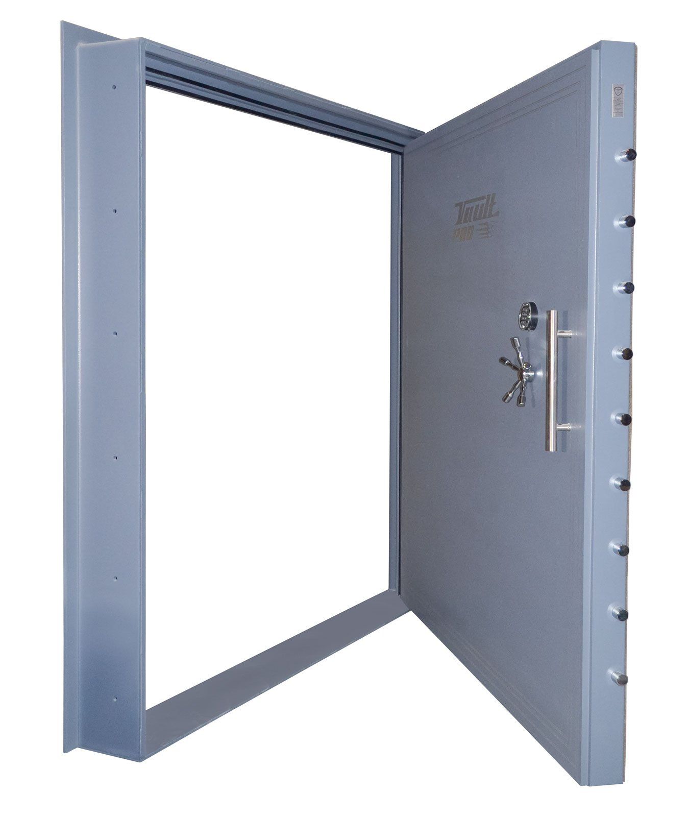 Open gray metal security door with heavy frame, showing locking bolts along the edge