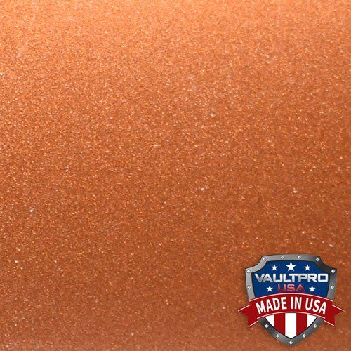 Close-up of orange metallic glitter paint with a small Made in USA badge in the lower right.