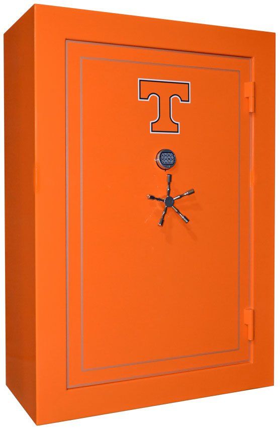 Orange metal safe with a large “T” and combination lock handle on the front