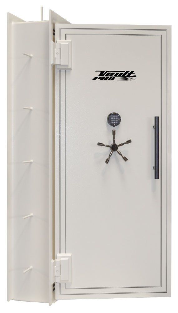 Open white steel safe door with combination dial and handle.