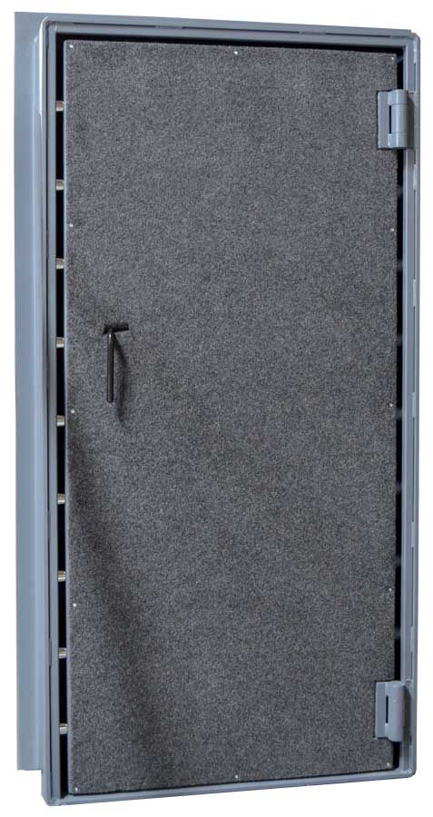 Gray insulated metal door with latch and hinges, shown closed against a plain background