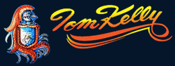 Tom Kelly logo in orange script with a small illustrated figure on a dark blue background