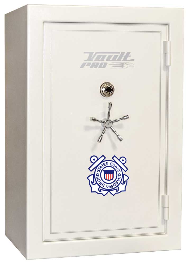 White security safe with a combination dial and blue emblem on the door.