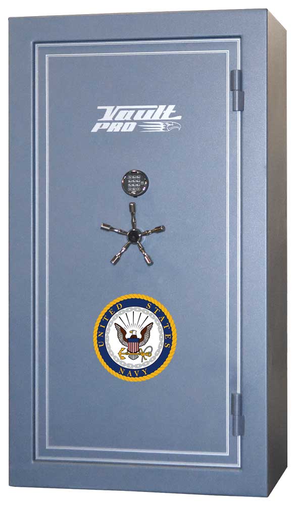 Gray safe with combination dial and round U.S. seal on the door, shown front-facing.