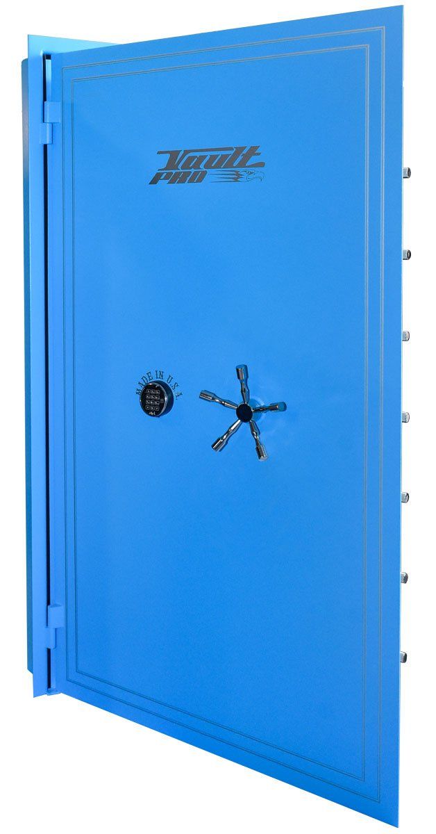 Blue industrial steel door with a central wheel handle and locking mechanism
