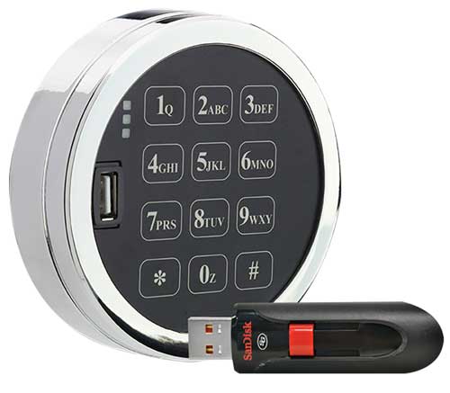 Round electronic keypad lock with USB port and black USB flash drive plugged in