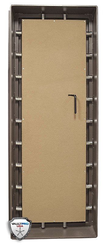 Beige front door with a dark frame and vertical handle, shown on display.
