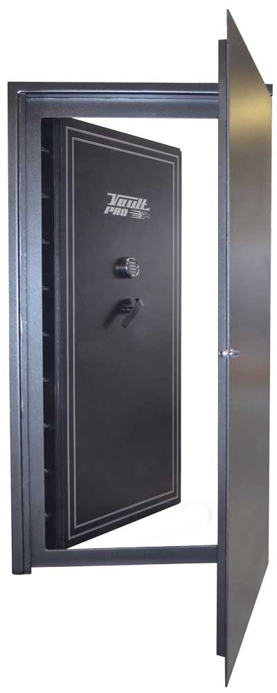 Outer Concealed Door Open to Show Vault Door and Heavy Weight Frame.