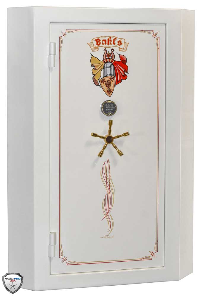 White decorative safe door with gold trim, central dial, and red-and-gold crest near the top