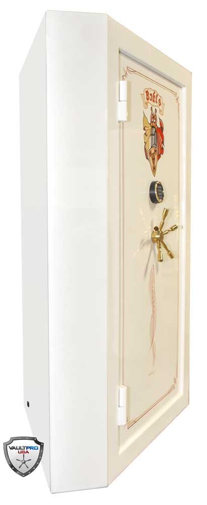 White wall safe with framed front and gold key lock, shown in side view.