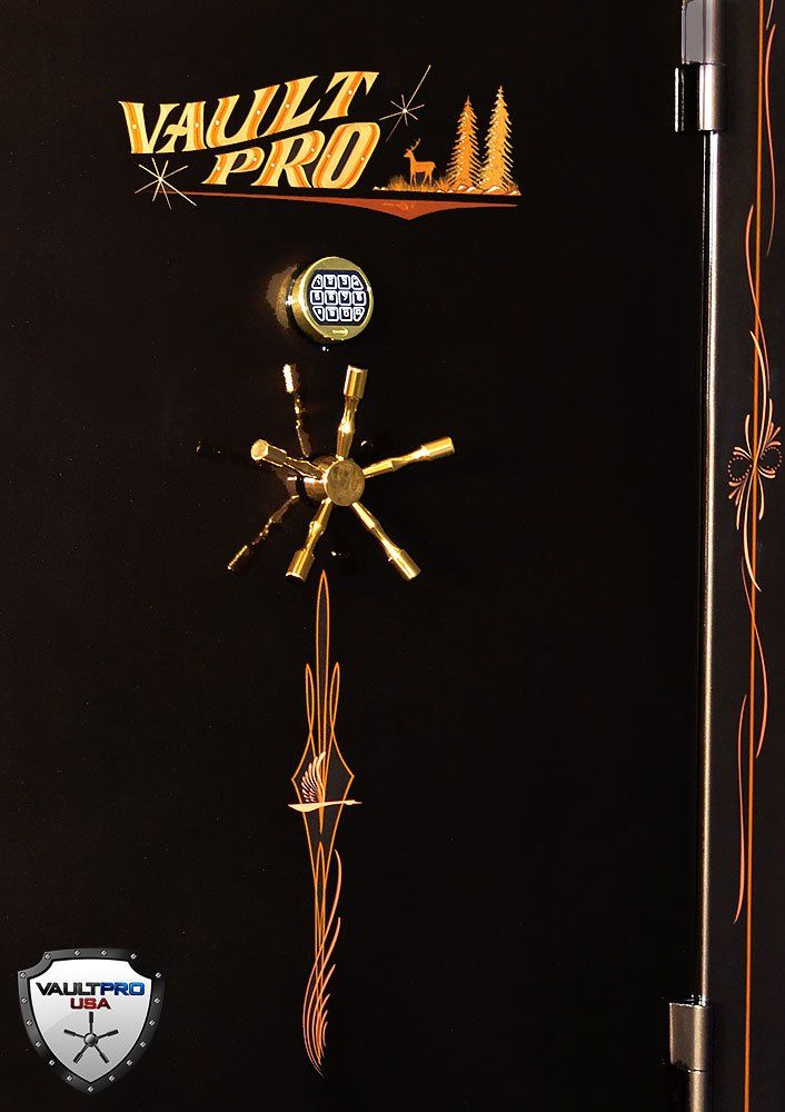 Vault Pro safe door with gold wheel handle and logo on a black background